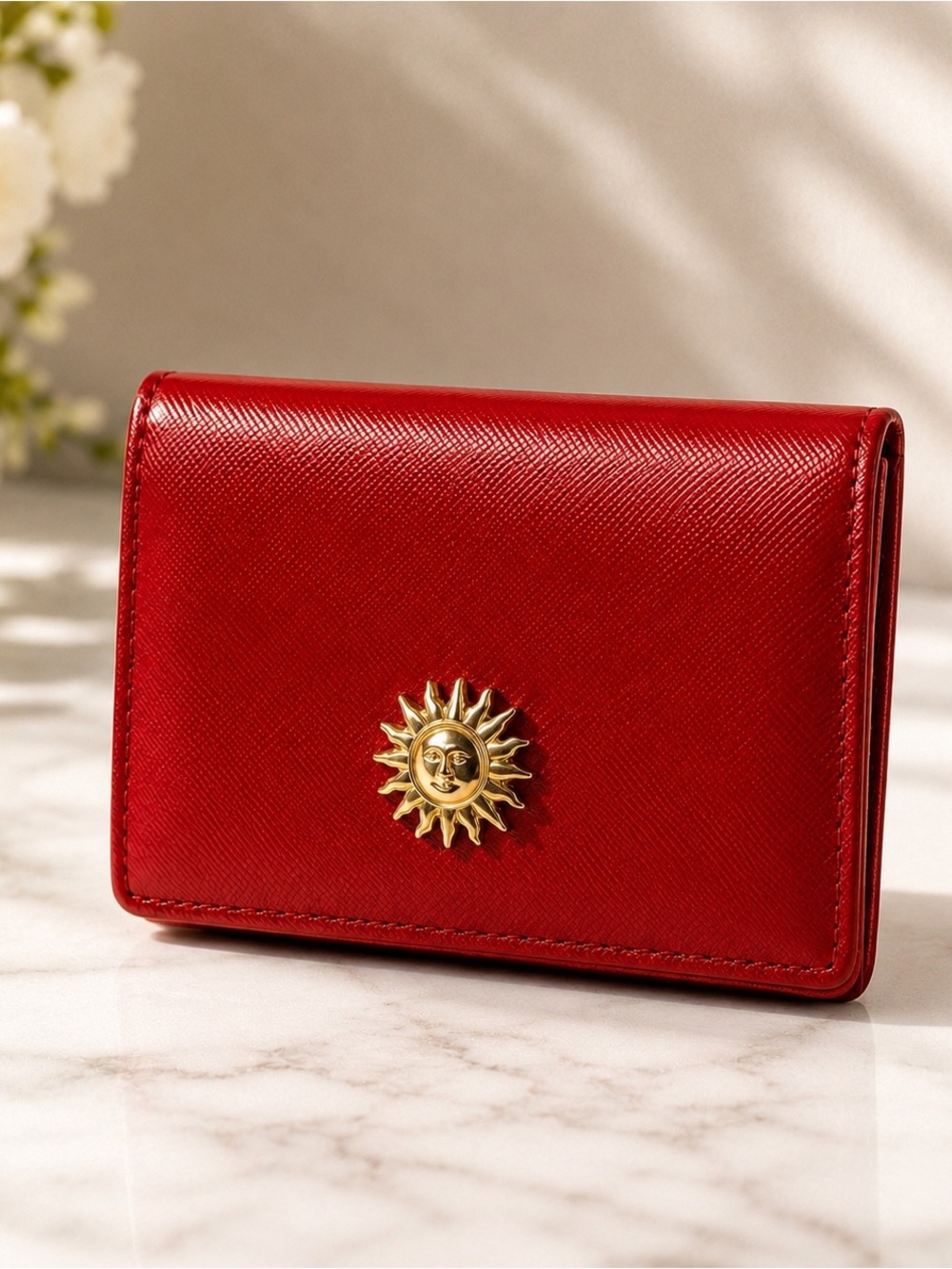 Gianni Versace Vintage Red Leather Card Holder Wallet Gold Medusa Sun Logo